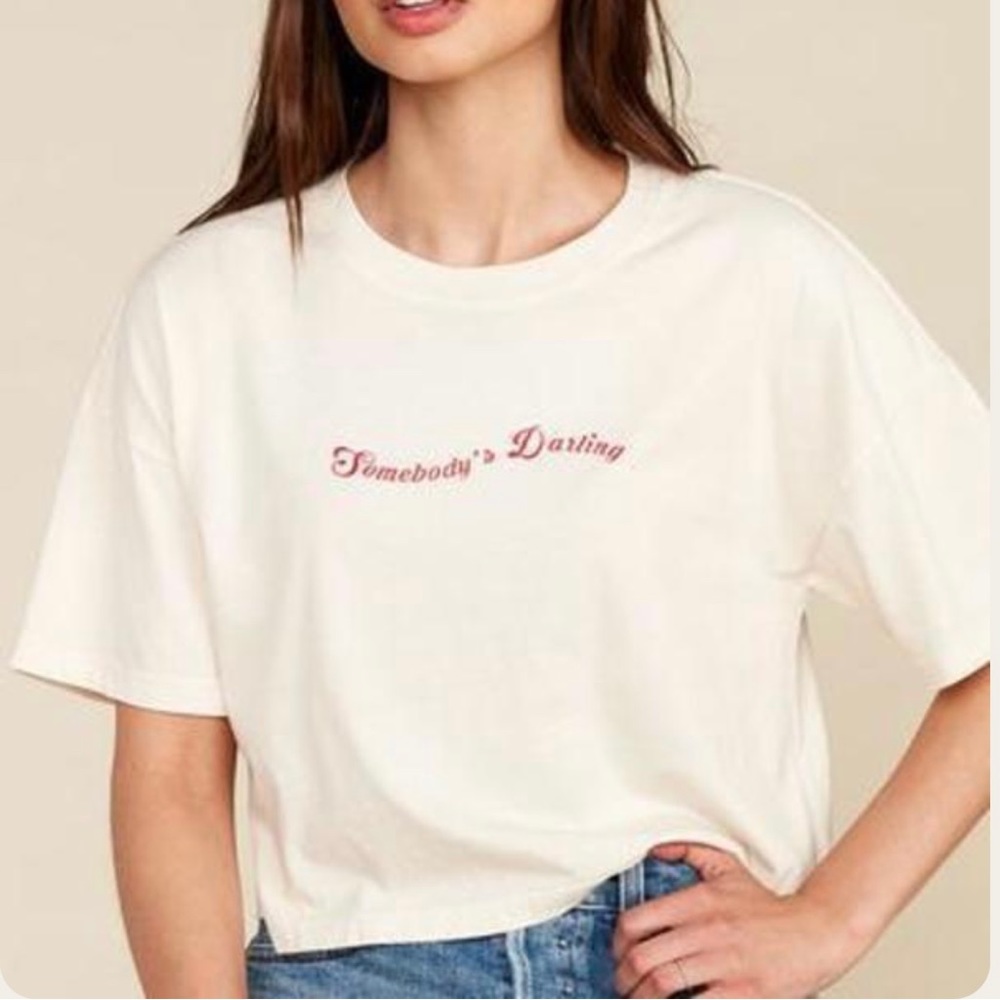 MATE the Label Cream Crop Top with Red Print